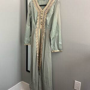 Elegant Sage Green Long Dress with Gold Trim